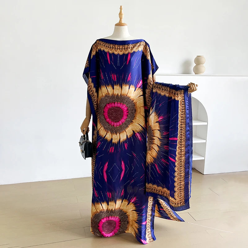 Fashion Summer Kaftan Dress for Women with Big Scarf Loose Abaya Muslim Casual Print Shawl Robe African Style Dubai Turkey