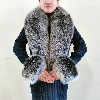 Winter Real Fox Fur Collar Cuffs Set Neck Warmer Fur Scarves Shawls Natural Fox Fur Collar Scarf Women Men Coat Warm Accessories
