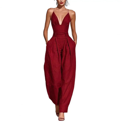Elegant Sexy V-Neck Spaghetti Strap Jumpsuit Women High Waist Wide Leg Casual Romper Spring Boho Solid Backless Pockets Overalls