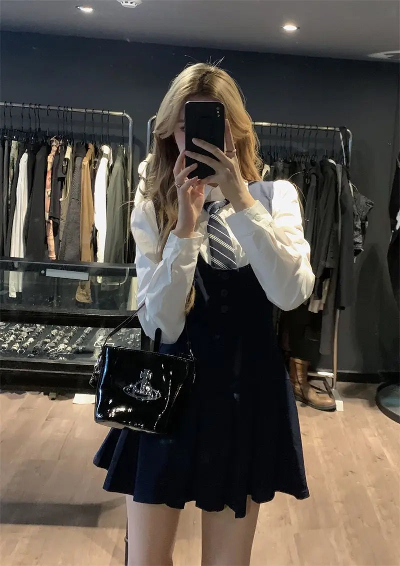 Japan And Korea College Style Jk Set Women's Long Sleeve Shirt Pleated Skirt Strap Dress Set Two Piece Set School Jk Uniform