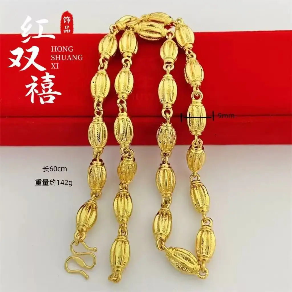 Banquet Grand 9mm Solid Pumpkin Olive Bead Necklace For Men 24K Gold AU999, elegant match for formal suits