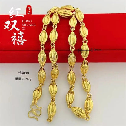 Banquet Grand 9mm Solid Pumpkin Olive Bead Necklace For Men 24K Gold AU999, elegant match for formal suits