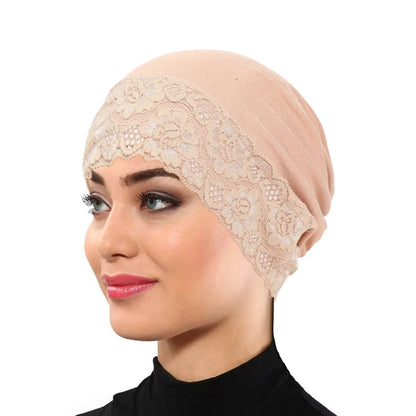 2026 New Lace Elastic Headscarf Cap Solid Color Base Cap Hair Care Cap Muslim Turban Hat Hijab Islamic headscarf Women's Hijabs