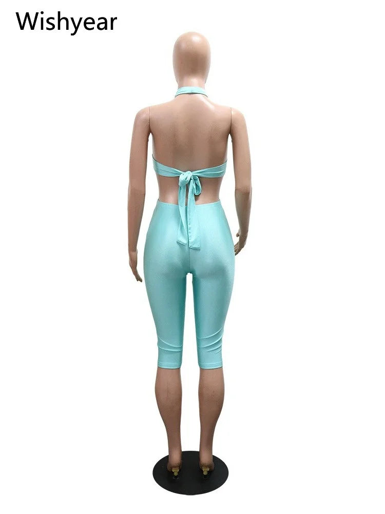 Women Turquoise Halter Neck Jumpsuit Cutout Front Sleeveless High Waist Bodycon Capri Pants Metal Ring Party Club Beach Outfit