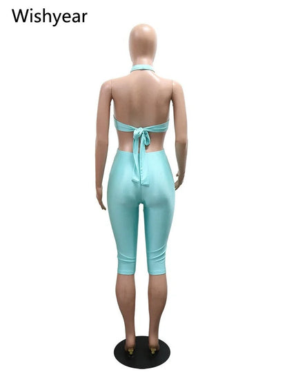 Women Turquoise Halter Neck Jumpsuit Cutout Front Sleeveless High Waist Bodycon Capri Pants Metal Ring Party Club Beach Outfit