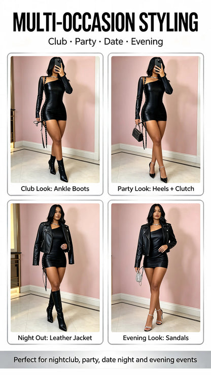 Sexy Black One-Shoulder Strap Dress with Long Sleeve And Bodycon Skirt for Women Fashionable Trendy Mini Dress