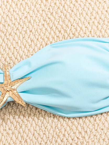 Sexy Bandeau Bikini Set 2026 Women Sky Blue Starfish Ornament Push Up Thong Swimsuit Brazilian Beach Bathing Suit Micro Swimwear