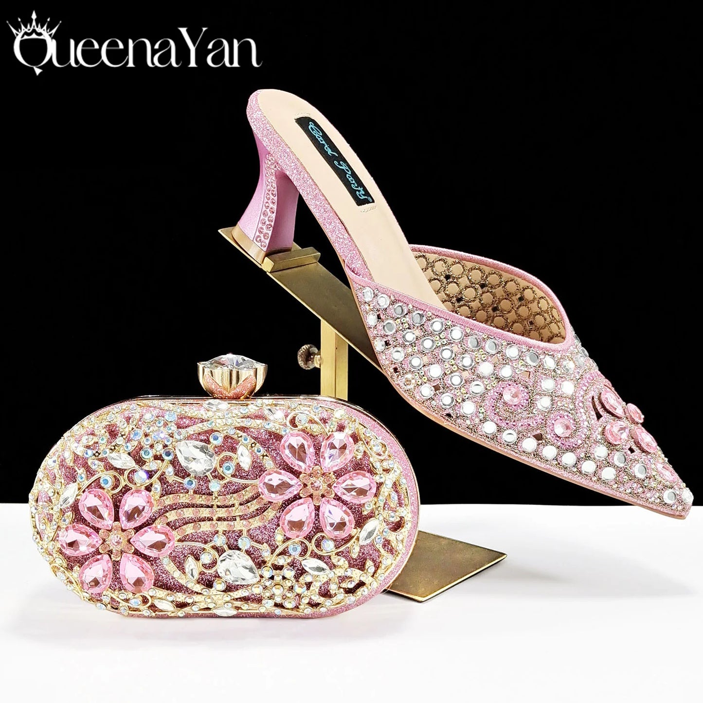 QUEENA YAN Luxury Pink Rhinestone Party Shoes and Clutch for Women- Elegant Crystal Heels with Matching Evening Bag