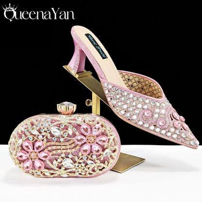 QUEENA YAN Luxury Pink Rhinestone Party Shoes and Clutch for Women- Elegant Crystal Heels with Matching Evening Bag