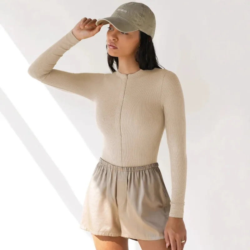 New Women's Jumpsuits Ribbed Long Sleeve Bodysuit Front Zip V Neck Bodycon Tops Stretchy Slim Fit Casual Streetwear for Daily