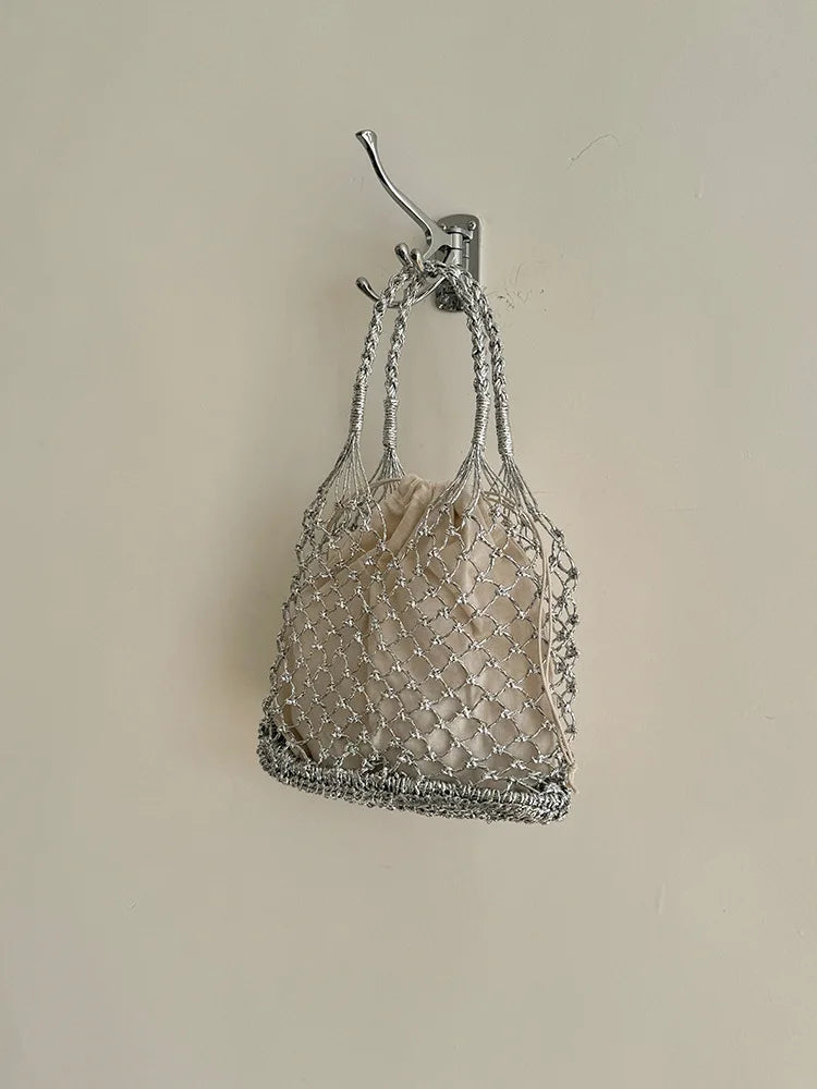 Hylhexyr Ins New Solid Color Gold and Silver Thread Handmade Weaving Bag Bucket Shaped Fashion Handbag Beach Bags