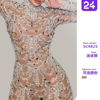 Women Jumpsuits 2026 new European slim solid color see-through sequined sexy long jumpsuit women's clothing vestidoes
