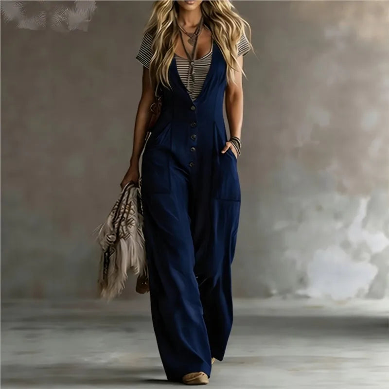 Women's Solid Color Jumpsuit Summer Fashion V-neck Button Semi Open Design Loose Jumpsuits With Pocket Ladies Office Overalls