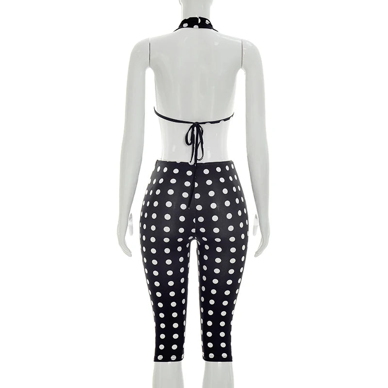 Kliou Polka Dot Print Playsuits Women Halter Low-Neck Lace-UP Backless Skinny Peach Hip Hot Girls Sexy Fashion Classic Rompers