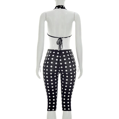 Kliou Polka Dot Print Playsuits Women Halter Low-Neck Lace-UP Backless Skinny Peach Hip Hot Girls Sexy Fashion Classic Rompers