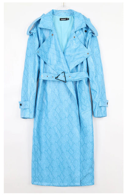 Nerazzurri Spring Autumn Long Oversized Colorful Snakeskin Print Patent Leather Trench Coat for Women Belt Runway Fashion 2022