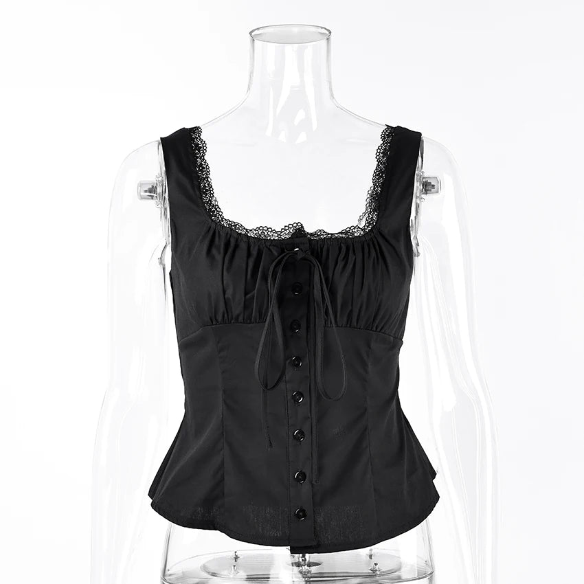 Linad Vintage Lace Square Collar Tank Top For Woman 2026 Street Chic Black Single Breasted Camisole Fashion Cotton Tops Spring