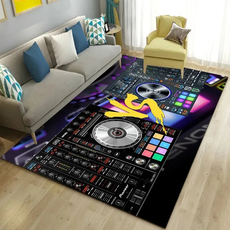 DJ Turntable Themed Large Area Rug, Colorful Mixer Console Motifs, Trendy Living Room Carpet, Varied Design Floor Cover