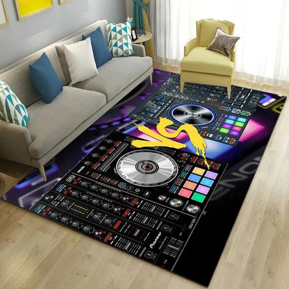 DJ Turntable Themed Large Area Rug, Colorful Mixer Console Motifs, Trendy Living Room Carpet, Varied Design Floor Cover