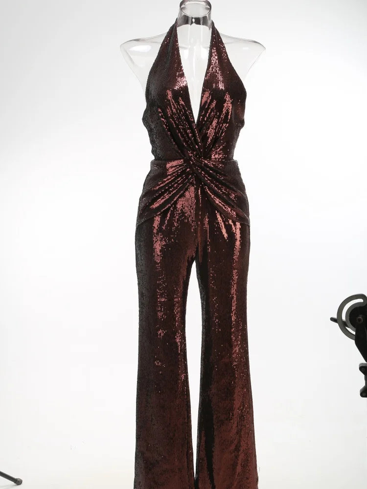 VC Gold Elegant Jumpsuits For Woman Luxury Brown Sequins Design Fashion Party Sexy Backless Sleeveless One Piece Female Clothing