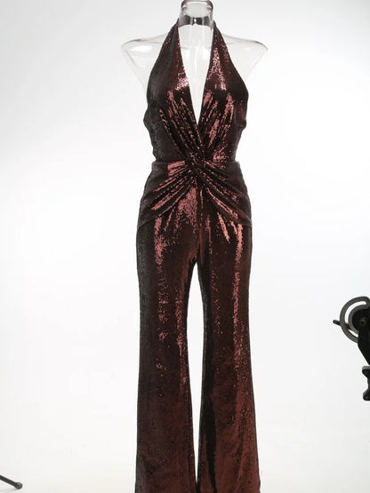 VC Gold Elegant Jumpsuits For Woman Luxury Brown Sequins Design Fashion Party Sexy Backless Sleeveless One Piece Female Clothing