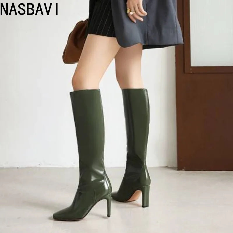 NASBAVI Women's Boots Autumn Winter Fashion New Style Sexy Knee-High Square Heel Square Toe Black Platform High 9cm Plus Size 48