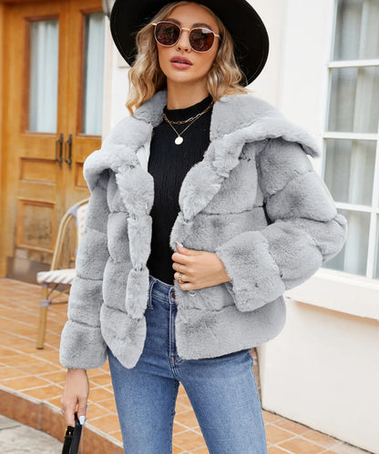 2026 Autumn Winter Turndown Collar Faux Fur Coat Women Casual Long Sleeve Fluffy Plush Jacket Khaki Thick Fake Fur Warm Cardigan