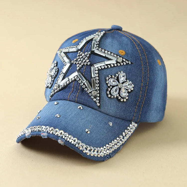 Denim Fashion Cap, Point Diamond Star Baseball Cap, Outdoor Sun Protection Visor, Trendy Cap