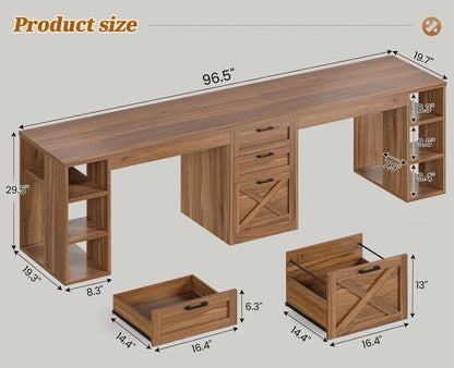 Farmhouse 96.5" 2 Person Computer Desk with Drawers for Home Office | Gaming Double Desk with Storage Shelves, Long Two, Custom