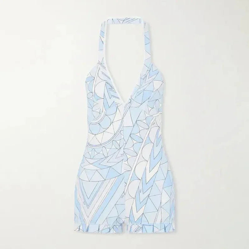 Sexy Blue Geometric Print Halter Romper Women Deep V Neck Ruffle Hem Sets 2026 Lady New Summer Beach Party Fashion Jumpsuits
