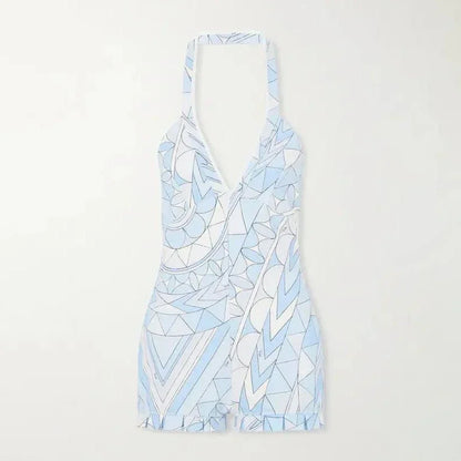 Sexy Blue Geometric Print Halter Romper Women Deep V Neck Ruffle Hem Sets 2026 Lady New Summer Beach Party Fashion Jumpsuits