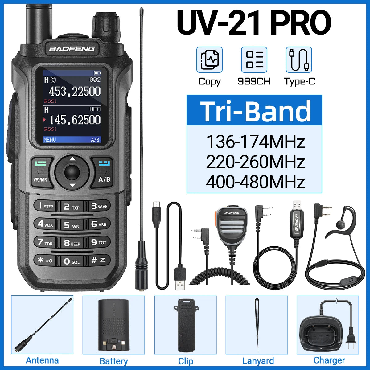 Baofeng UV-21 Pro V2 Wireless Copy Frequency Tri Band Powerful Waterproof Long Range UV-5R Long Range Type-C Two Way Ham Radio