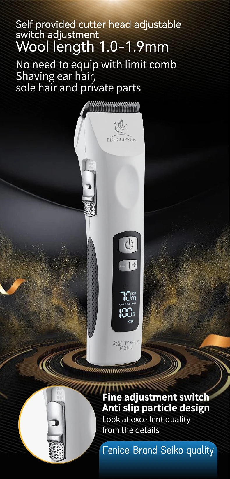 Fenice Cordless Rechargeable Pet Clipper Low Noise Professional Pet Hair Cutting Machine Grooming Trimmer Shaver Kit for Animals