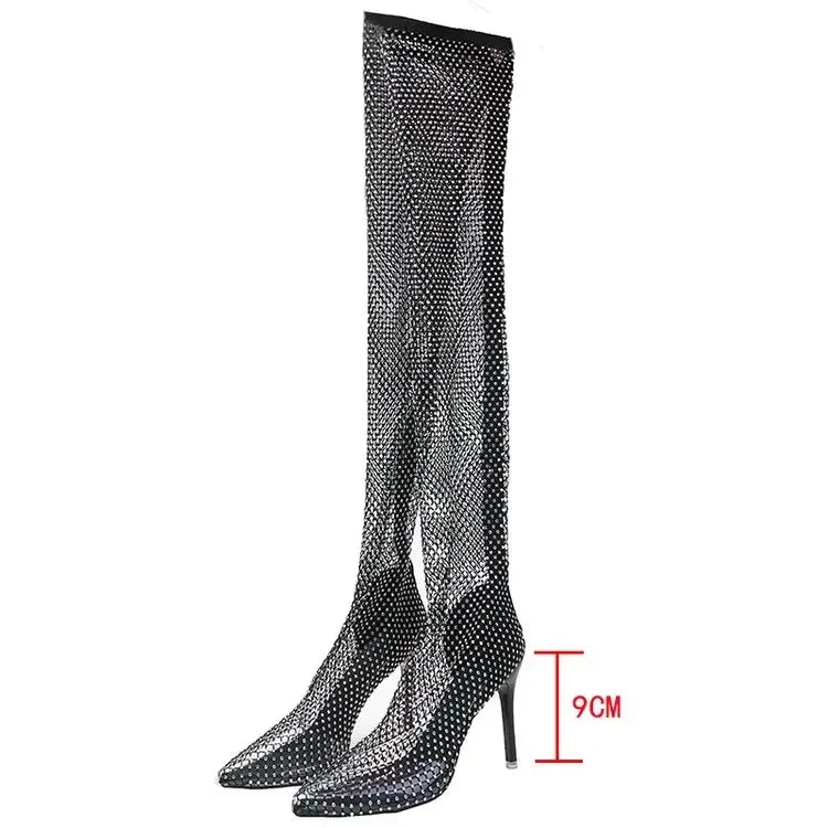 Summer Women Over The Knee Thigh High Heels Mesh Sock Boots Clear Transparent Sandals Shoes Woman Plus Size
