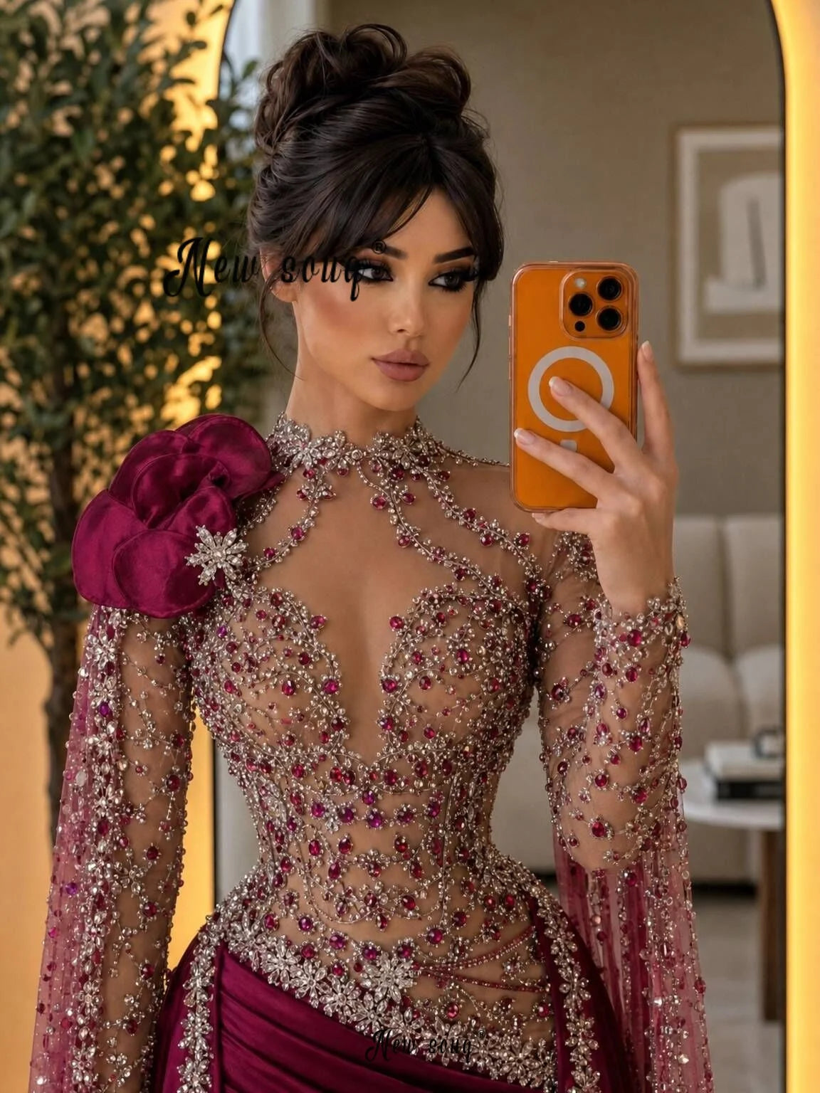 Caftan Marocain Burgundy Prom Dress With Cape Sleeves Beading Crystals Lace Applique Muslim Arabic Evening Gowns  Customized