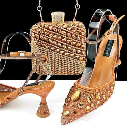 Shiny Purple Color Shoes and Bag Elegant Handbags and Medium Heel Shoes Beautiful Handmade Shoes for Wedding Party