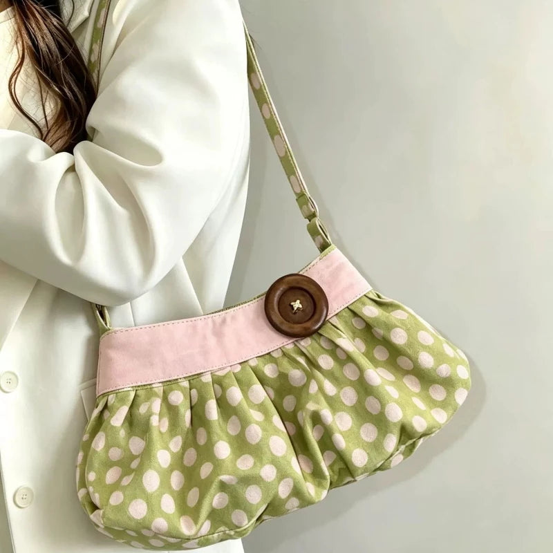 Pleated Design Dumpling Bag Retro Polka Dot Wooden Button Decor Handbag Soft Striped Shoulder Bags Pattern Casual Commuter Bag