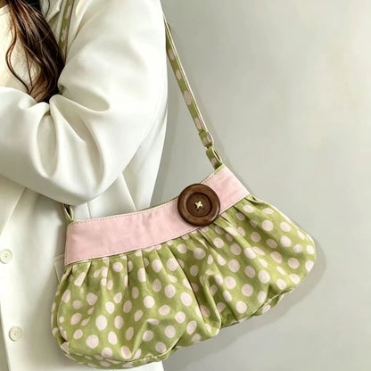 Pleated Design Dumpling Bag Retro Polka Dot Wooden Button Decor Handbag Soft Striped Shoulder Bags Pattern Casual Commuter Bag