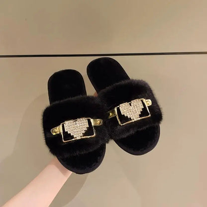 Love Chain Fluffy Women's Slippers Home Fashion Luxury Designer Shoes Woman Autumn Winter Faux Fuzzy Fur Slides Indoor Elegant