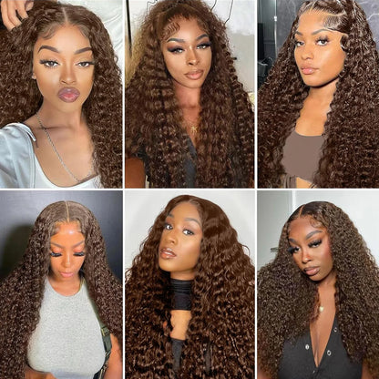 13x4 Chocolate Brown Water Curly Lace Front Wig #4 Colored Human Hair Wigs Pre Plucked Deep Wave 13x6 HD Lace Frontal Wigs 200%