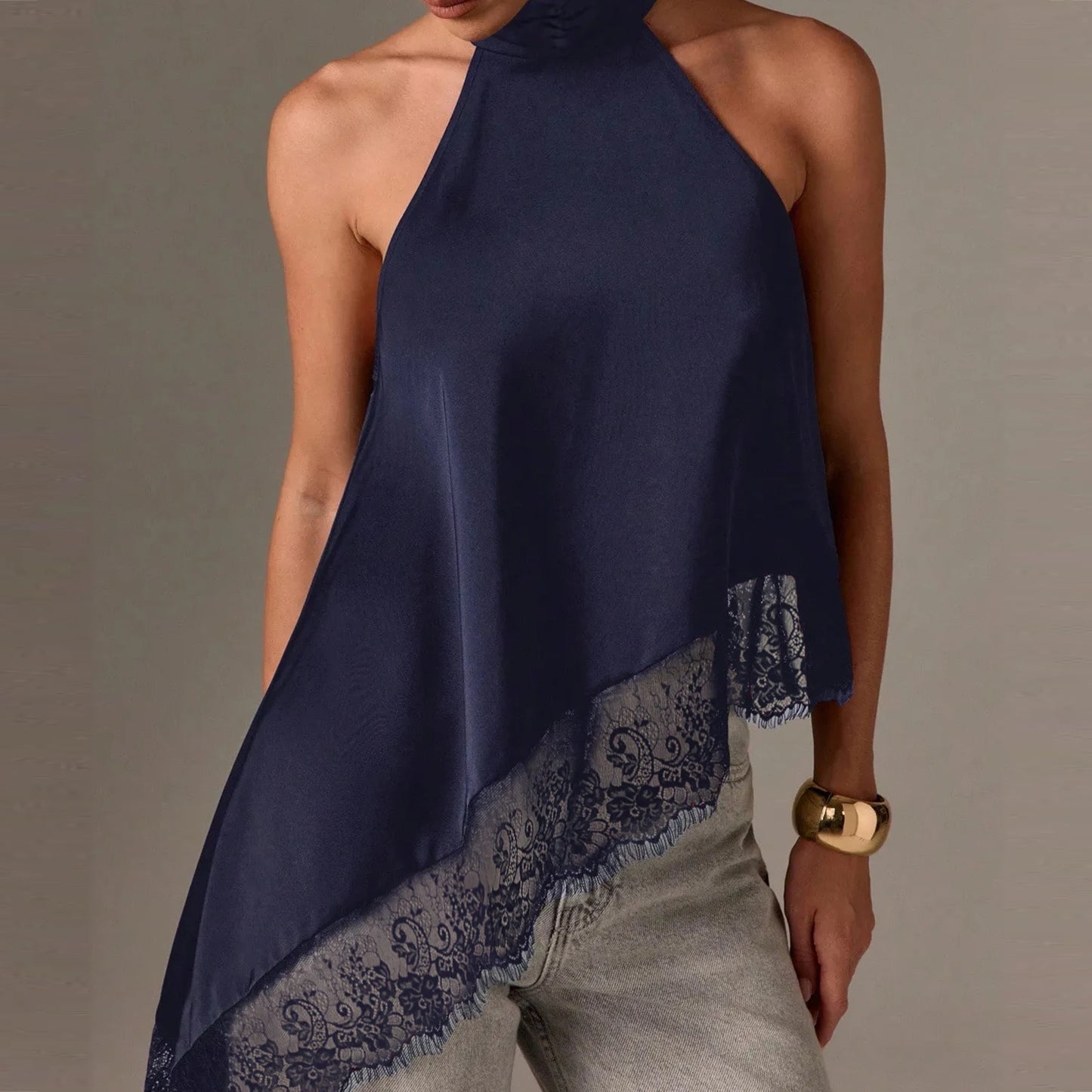Women Y2k Mock Neck Halter Top Satin Lace Asymmetrical Hem Tank Tops Sleeveless Elegant Going Out Crop Tops