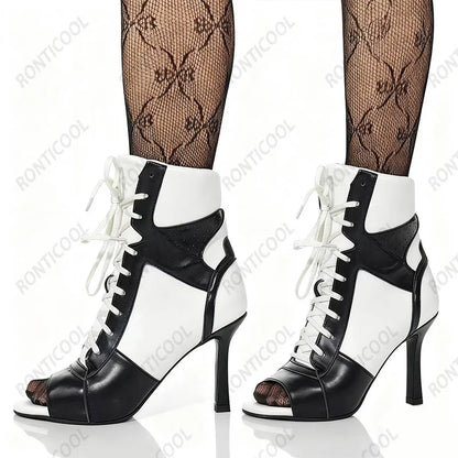 Ronticool Handmade Peep Toe Ankle Boots - Black and White Leather High Heel Shoes with Lace Up Design Size 36-43