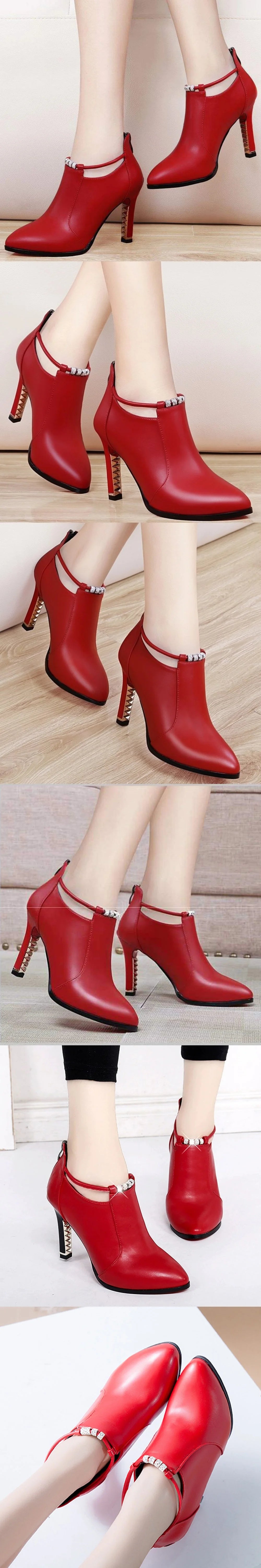 Elegant Red Pointy Toe Office Lady Booties Sexy Black High Heels Boots Classic Thin Heel Ankle Boots Women Dress Shoes