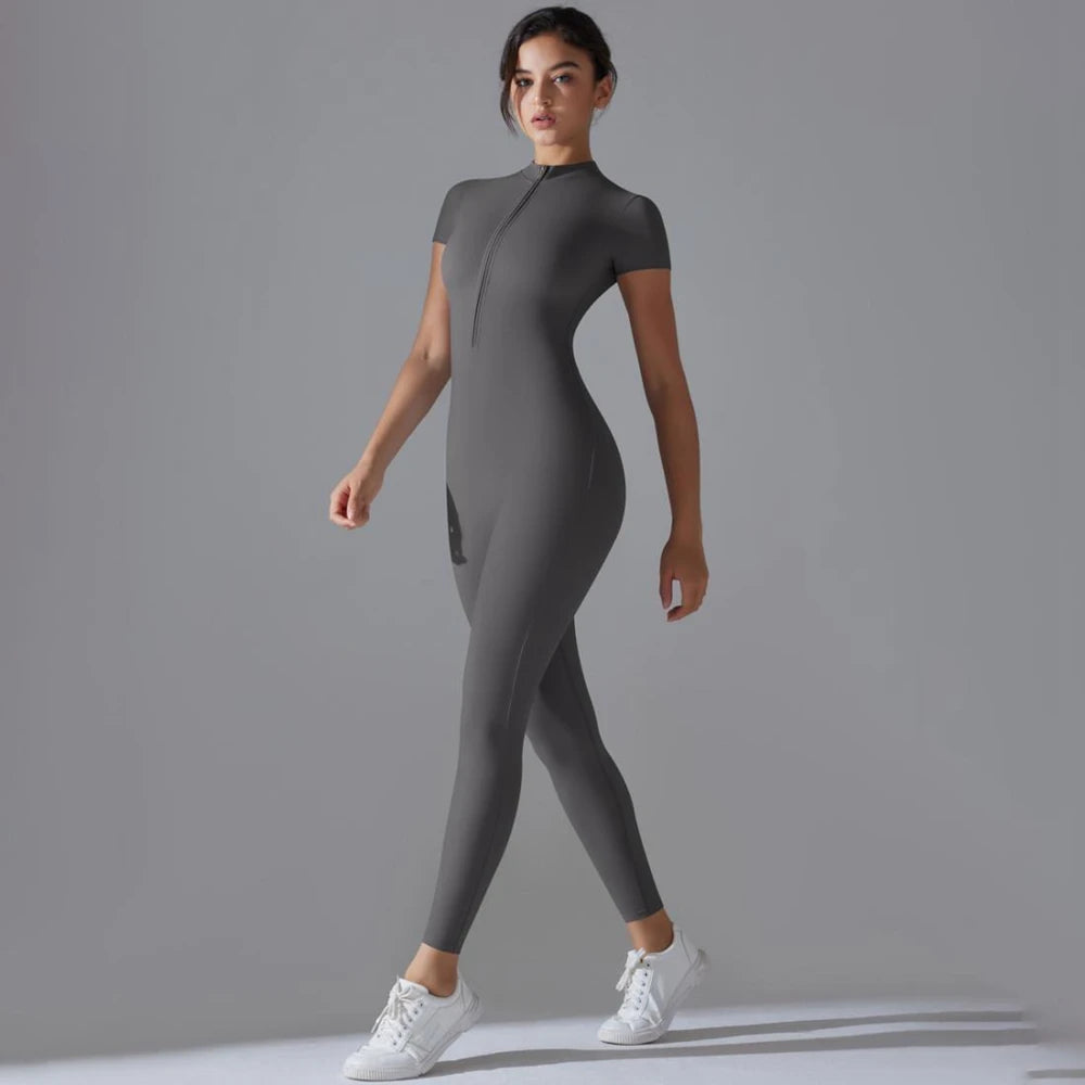 Womens Jumpsuits Short Sleeve Yoga Slim Fit Stretch One Piece Romper Sexy Fitness Female Basic Sportwears Black Zipper Ladies