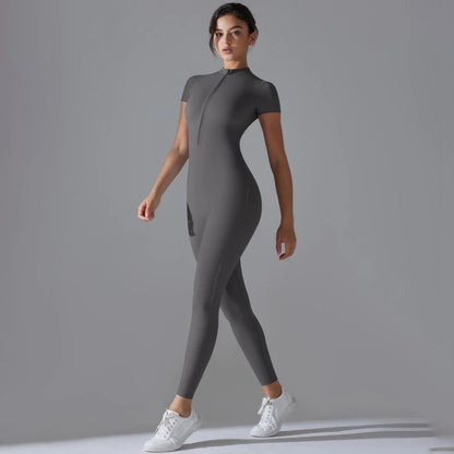 Womens Jumpsuits Short Sleeve Yoga Slim Fit Stretch One Piece Romper Sexy Fitness Female Basic Sportwears Black Zipper Ladies