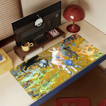 Gaming Mouse Pad, Large Desk Mat, Anti-slip Rubber Base, Stitched Edges, Golden Fantasy Art Print for Gaming & Office Desk Use