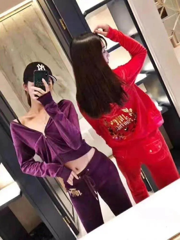 Velvet Sports Jacket Women'S Long Sleeved Casual Wear Hoodie Sequins Slim Fit And Slimming Two-Piece Set