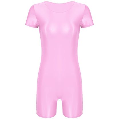 Women's Swimsuit One Piece Swimwear Oil Glossy Stretchy Gym Fitness Long Sleeve Round Neck Tights Leotard Bodysuit Clubwear
