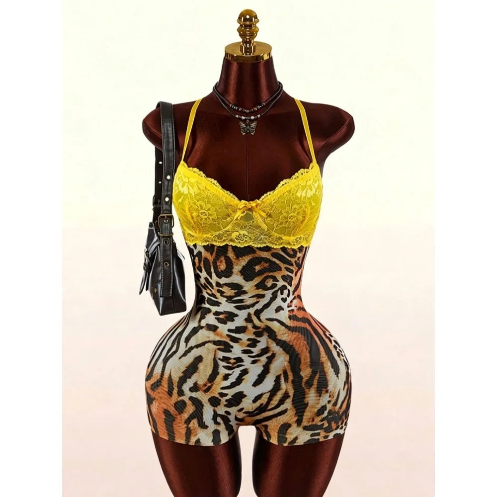 HLJ&GG Vintage Flowers Print Mesh Spaghetti Strap Bodycon One Piece Rompers Women V Neck Sleeveless Jumpsuits Fashion Overalls
