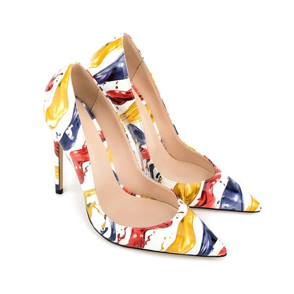 Multicolor Abstract Graffiti Print Pointed Toe Stiletto Pumps, Women Thin Heel Evening Shoes for Wedding, Formal Party and Night